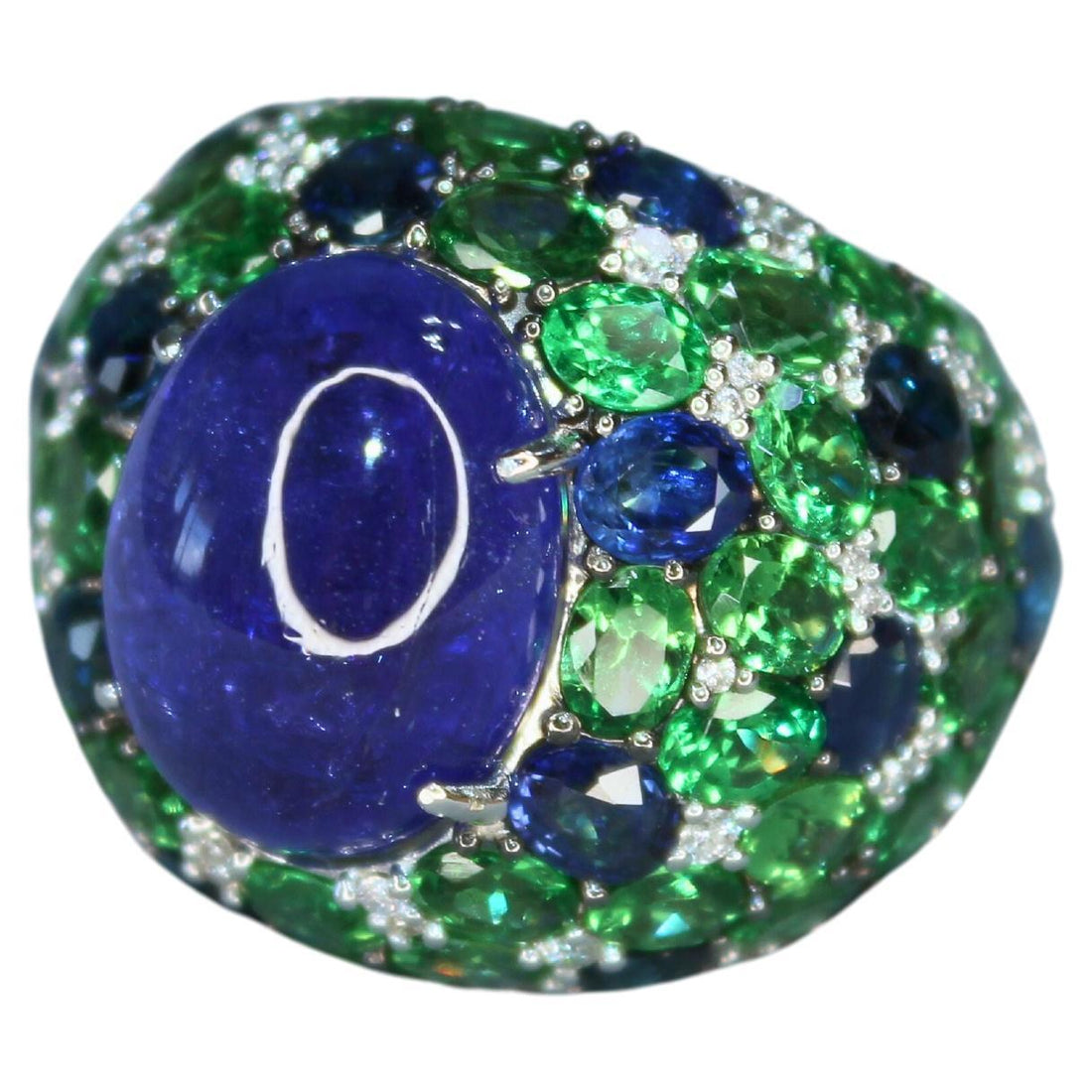 Oval Cabochon Tanzanite Tsavorite Diamond Pave Dome Big 18K White Gold Ring