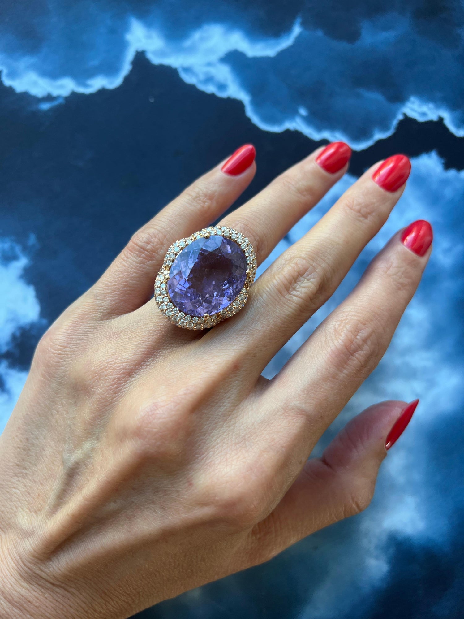 Oval Cut Light Violet Purple Paraiba Tourmaline Diamond Pave 18k Rose Gold Ring
