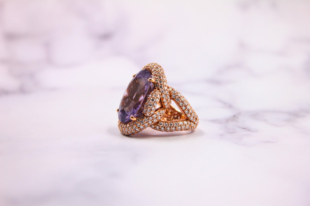 Oval Cut Light Violet Purple Paraiba Tourmaline Diamond Pave 18k Rose Gold Ring