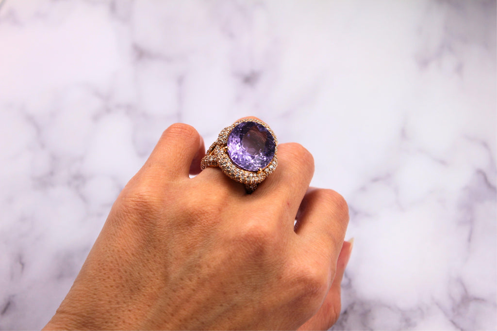 Oval Cut Light Violet Purple Paraiba Tourmaline Diamond Pave 18k Rose Gold Ring