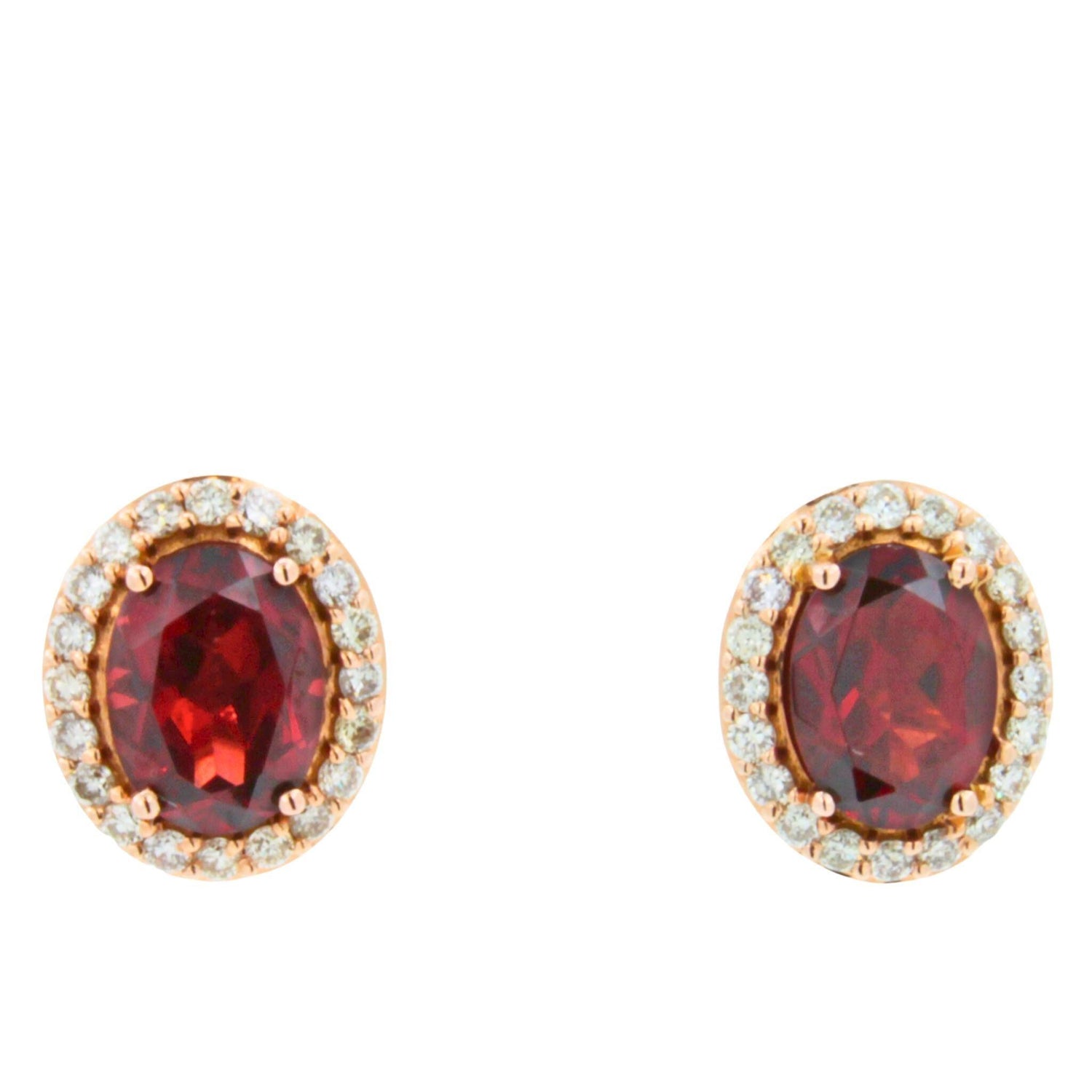 Oval Red Rhodolite Garnet Diamond Halo 18 Karat Rose Gold Stud Romance Earrings