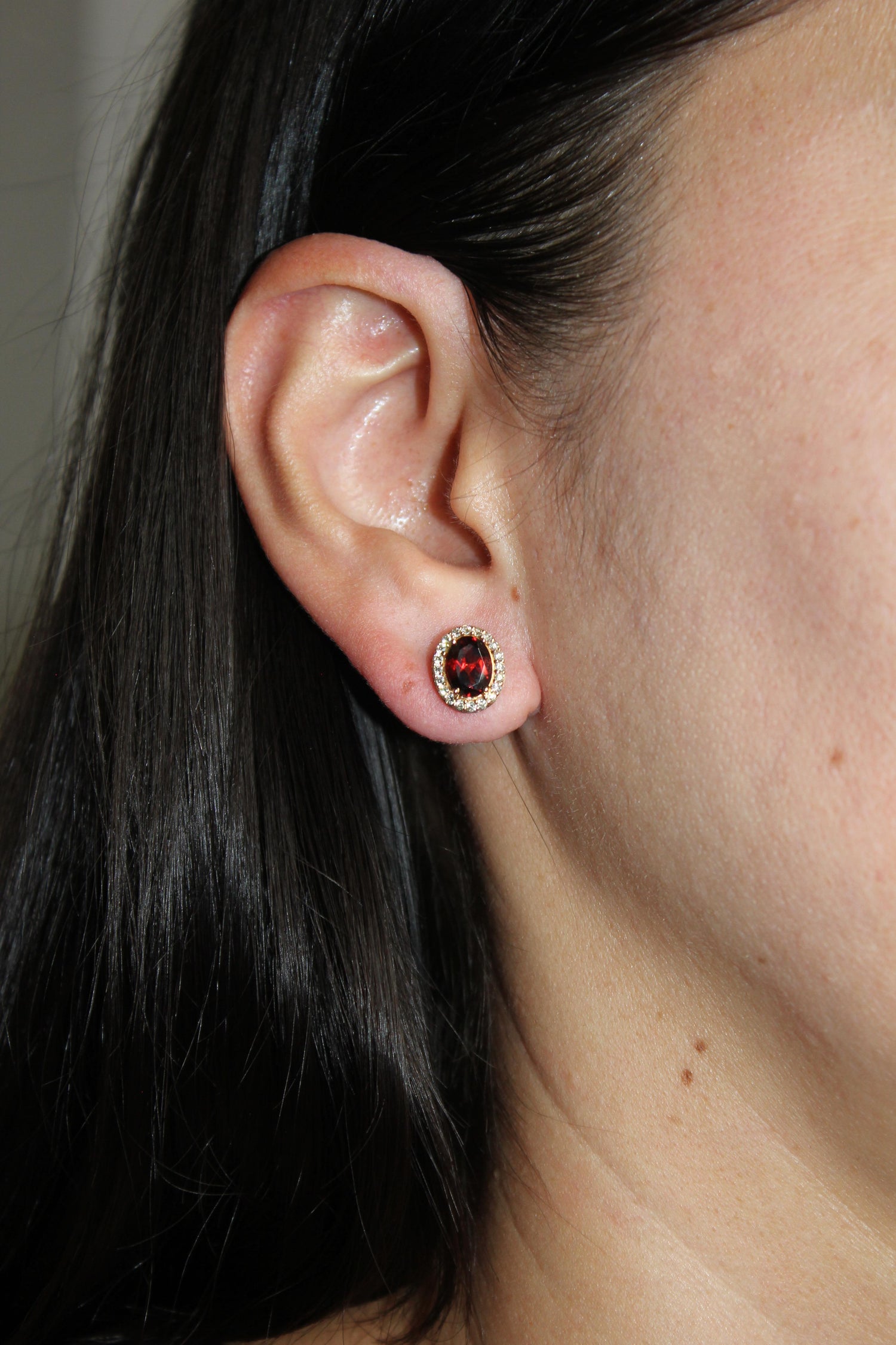 Oval Red Rhodolite Garnet Diamond Halo 18 Karat Rose Gold Stud Romance Earrings