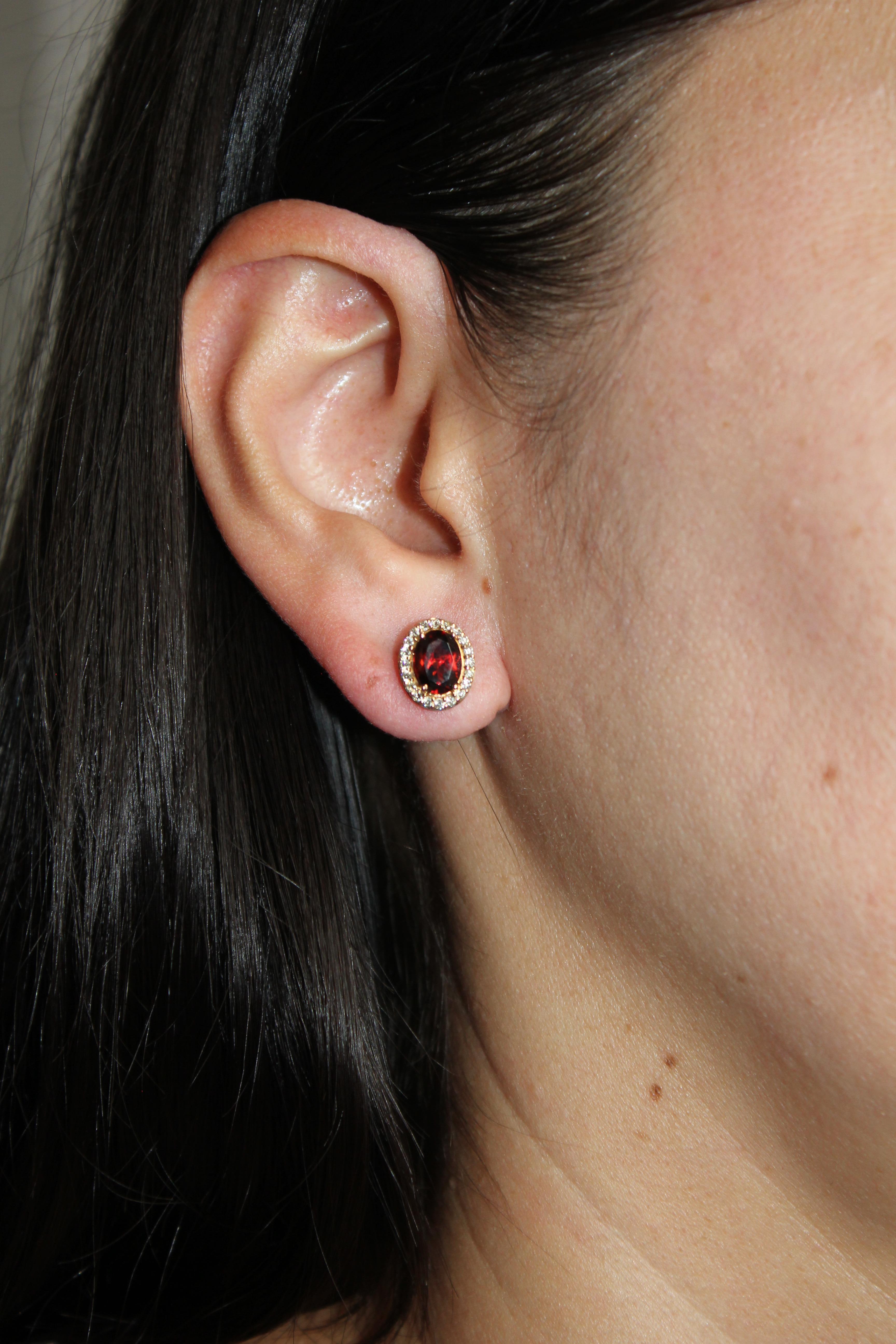 Oval Red Rhodolite Garnet Diamond Halo 18 Karat Rose Gold Stud Romance Earrings