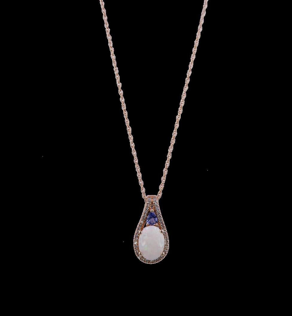 Oval White Opal Tanzanite Diamond Halo Statement Necklace Pendant 14K Rose Gold
