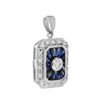 Diamond & Blue Sapphire Halo Set Art Deco Style Octagon 14K White Gold Pendant
