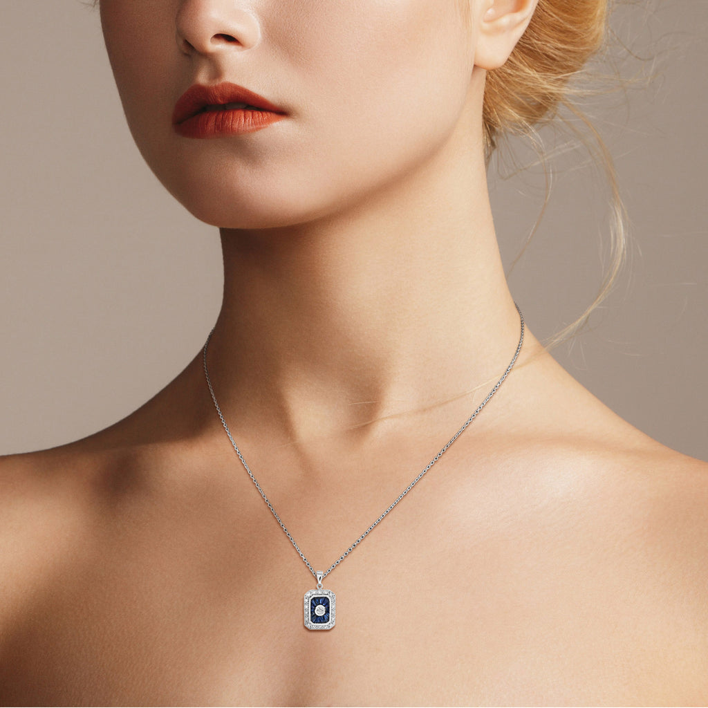 Diamond & Blue Sapphire Halo Set Art Deco Style Octagon 14K White Gold Pendant