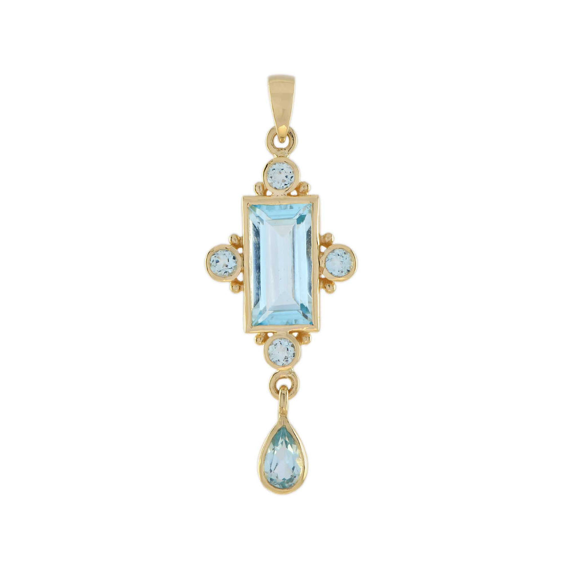 Blue Topaz Bezel Set Vintage Style Dangle Drop 14K Yellow Gold Pendant