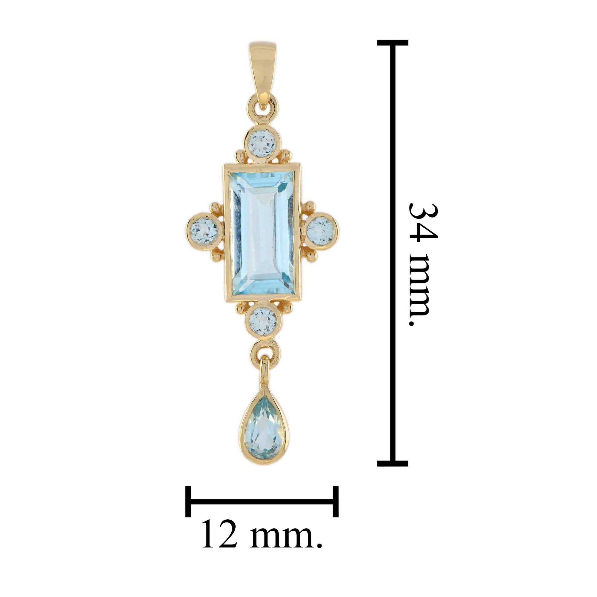 Blue Topaz Bezel Set Vintage Style Dangle Drop 14K Yellow Gold Pendant
