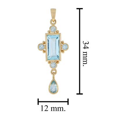 Blue Topaz Bezel Set Vintage Style Dangle Drop 14K Yellow Gold Pendant