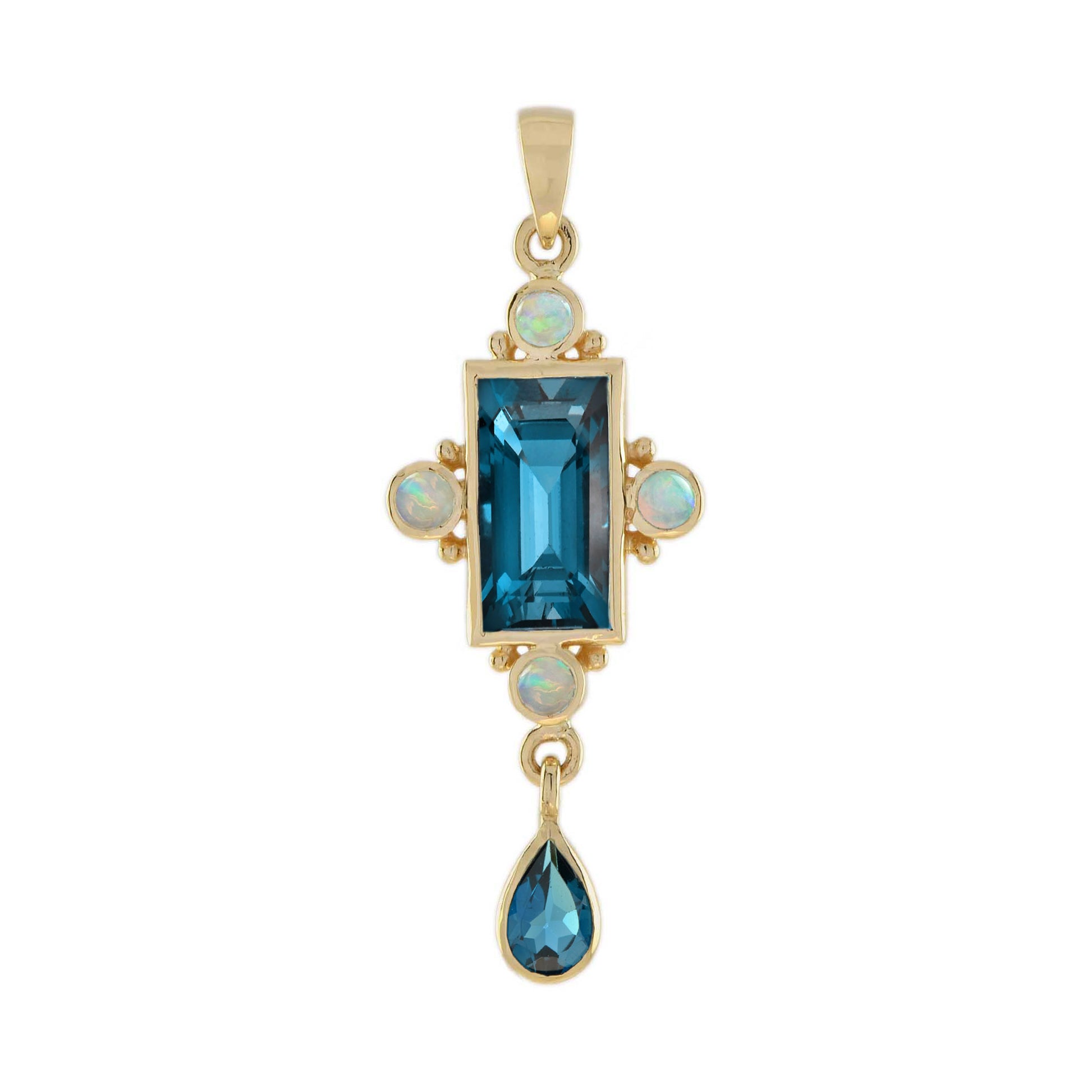Rectangle Shape London Blue Topaz & White Opal Vintage Style 14K Gold Pendant