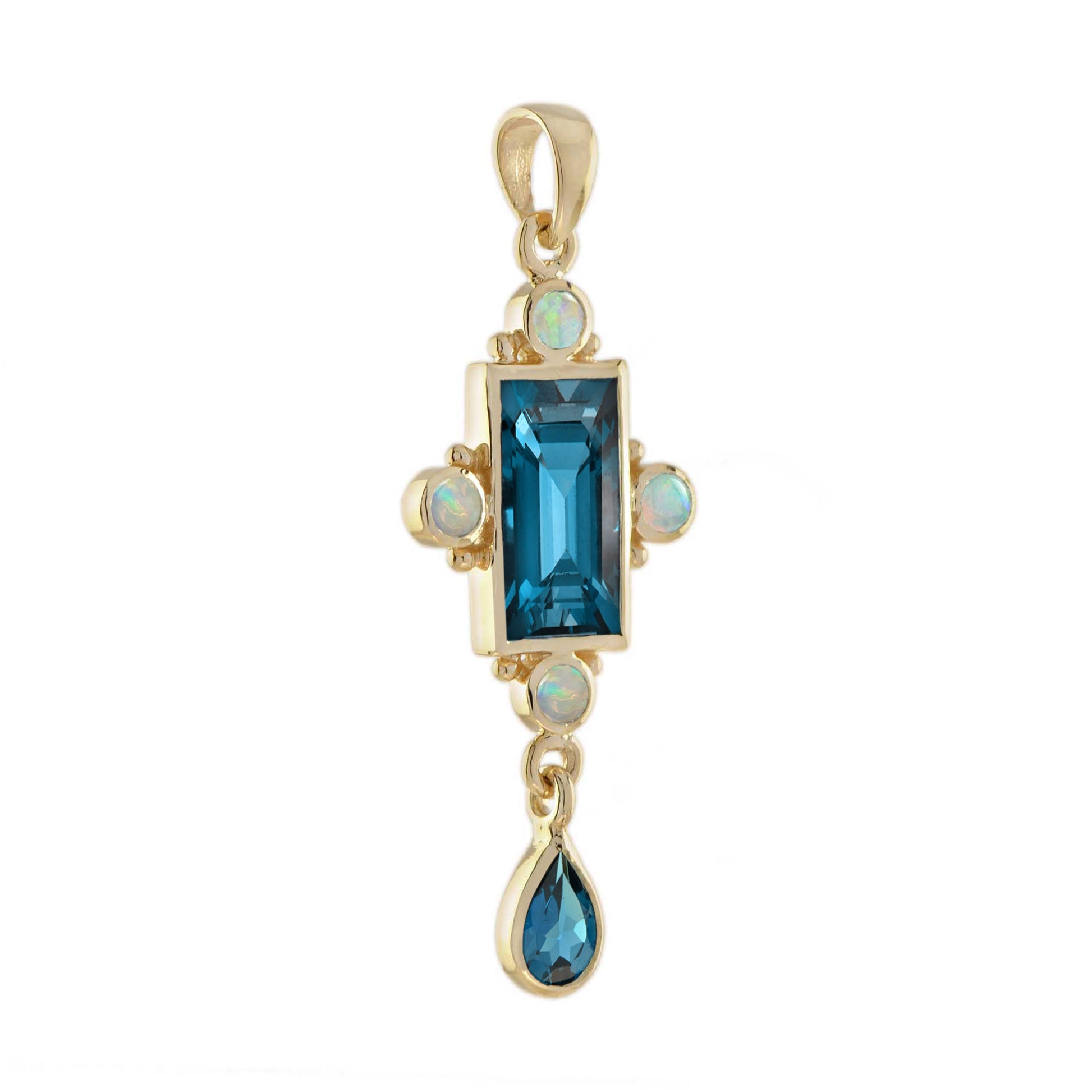 Rectangle Shape London Blue Topaz & White Opal Vintage Style 14K Gold Pendant