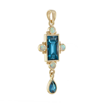 Rectangle Shape London Blue Topaz & White Opal Vintage Style 14K Gold Pendant
