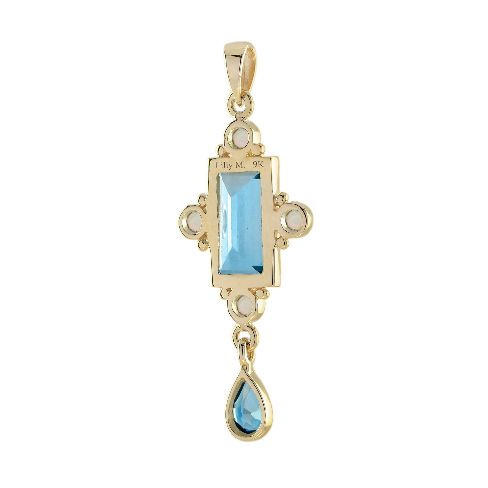 Rectangle Shape London Blue Topaz & White Opal Vintage Style 14K Gold Pendant