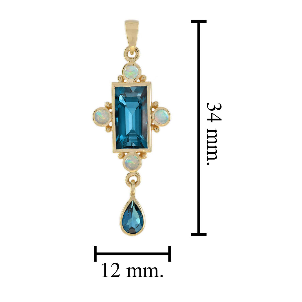 Rectangle Shape London Blue Topaz & White Opal Vintage Style 14K Gold Pendant
