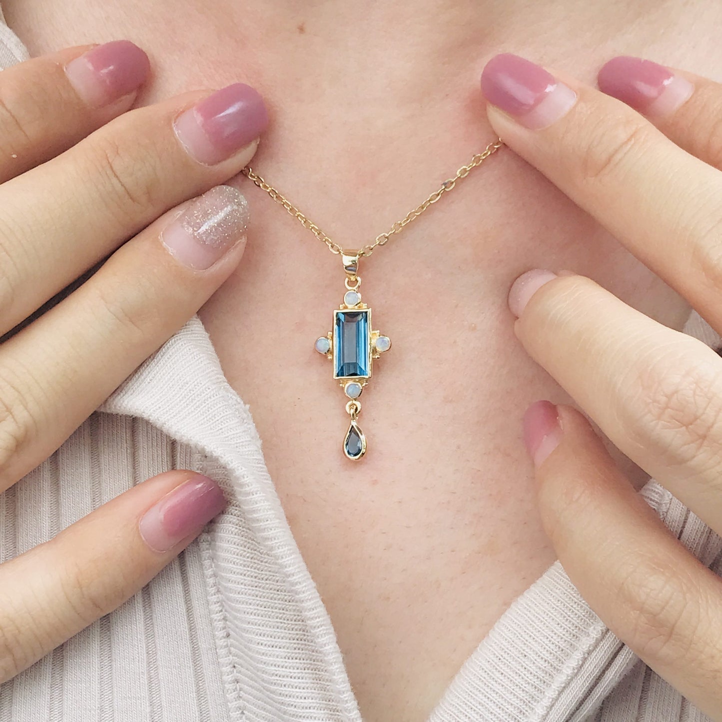 rectangle shape london blue topaz & white opal vintage style 14k gold pendant