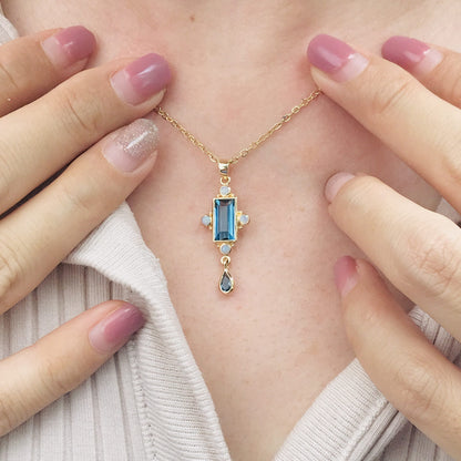 Rectangle Shape London Blue Topaz & White Opal Vintage Style 14K Gold Pendant