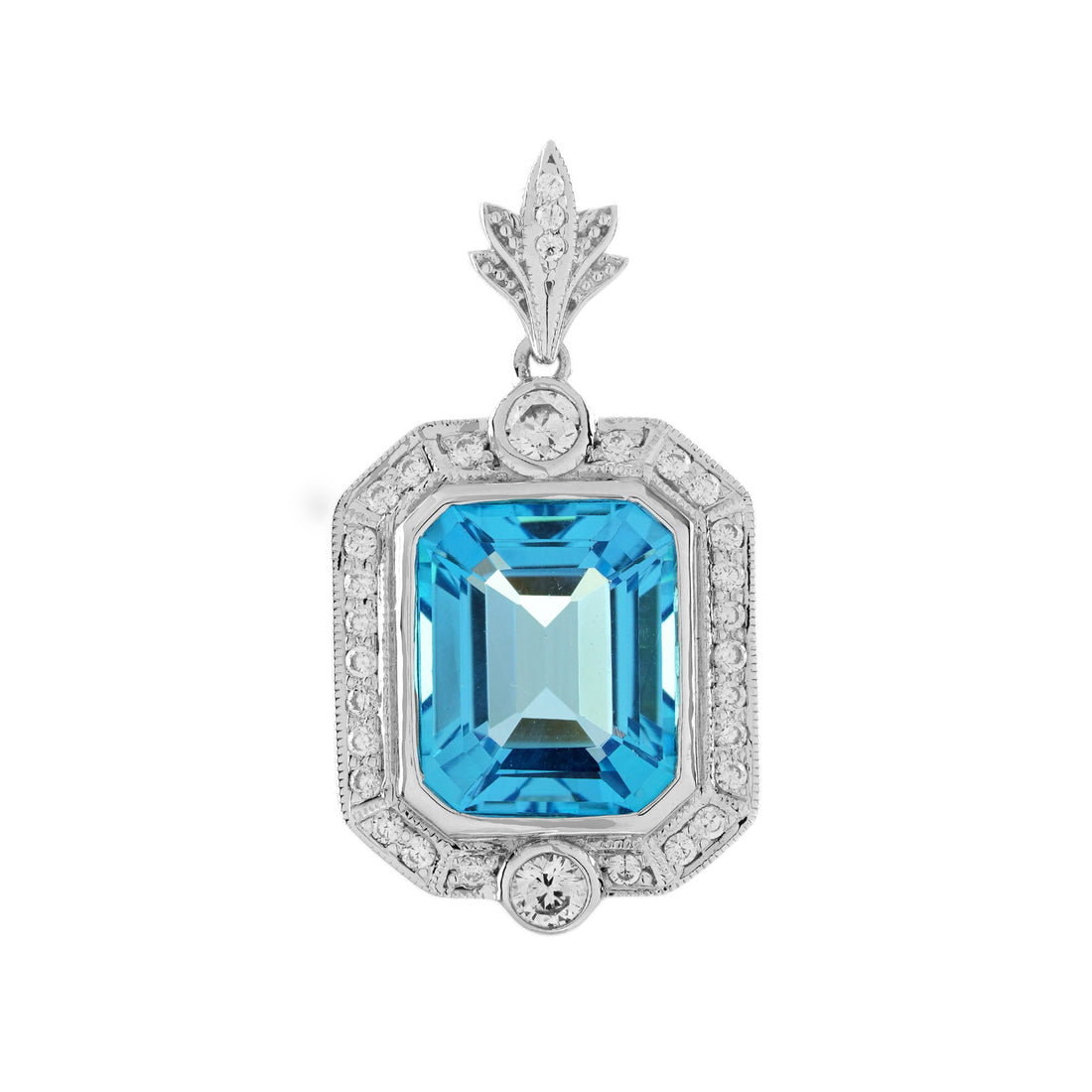 Octagon Shape Swiss Blue Topaz & Diamond Halo Art Deco Style White Gold Pendant