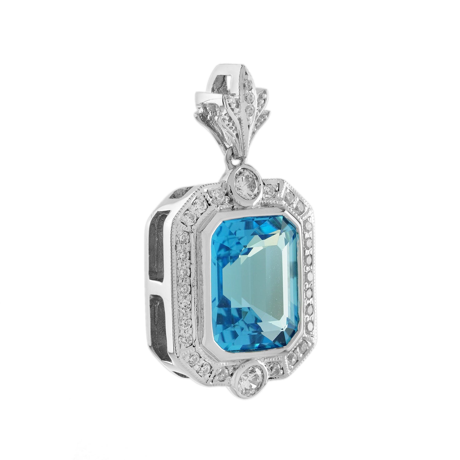 Octagon Shape Swiss Blue Topaz &amp; Diamond Halo Art Deco Style White Gold Pendant