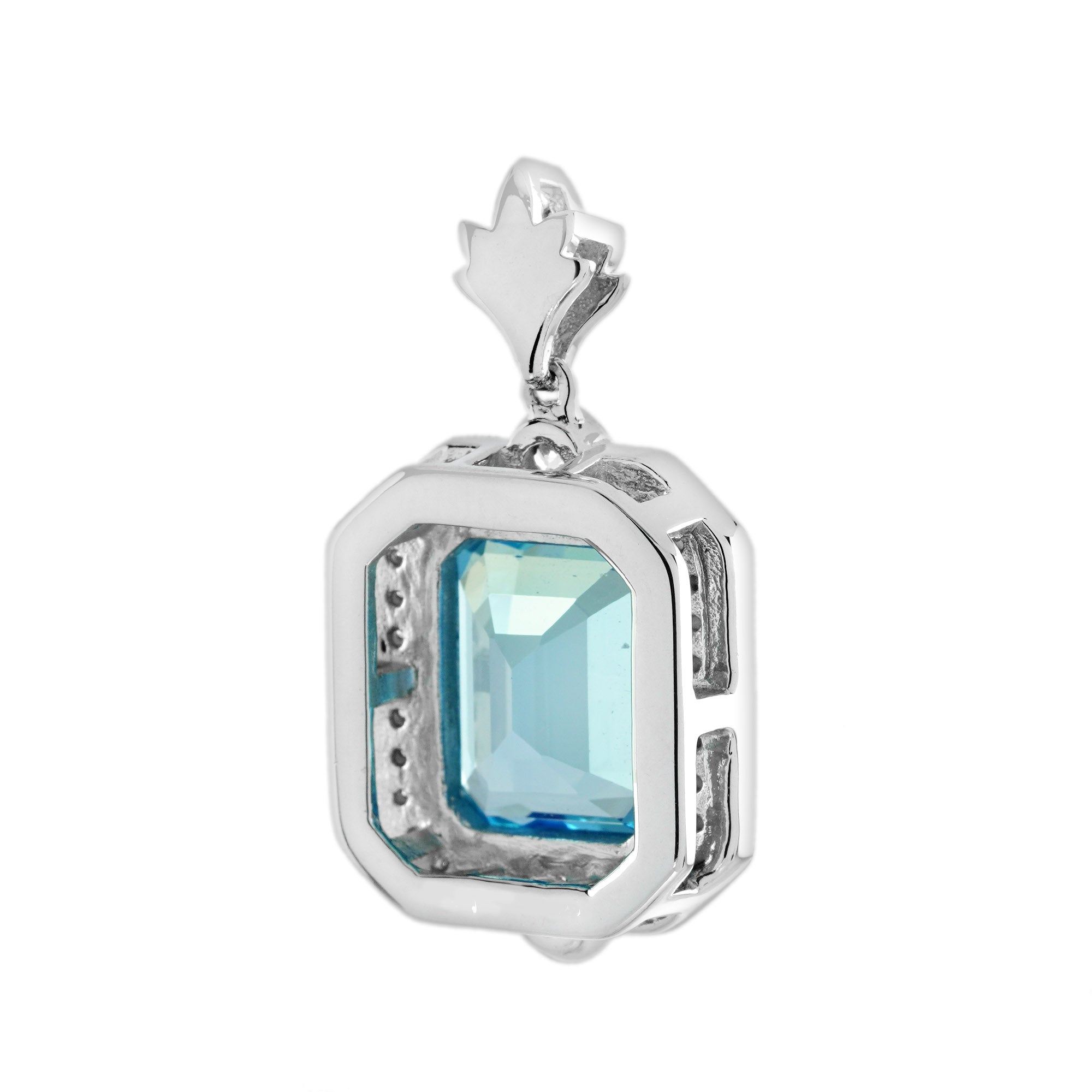 Octagon Shape Swiss Blue Topaz &amp; Diamond Halo Art Deco Style White Gold Pendant