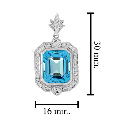 Octagon Shape Swiss Blue Topaz &amp; Diamond Halo Art Deco Style White Gold Pendant
