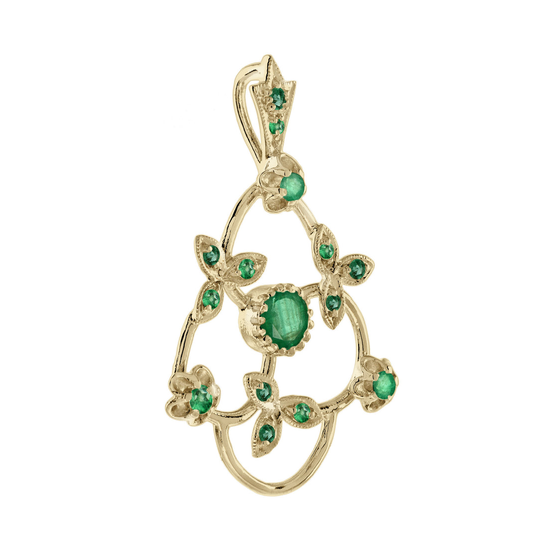 Green Emerald Vintage Style Floral &amp; Leaves Yellow Gold Pendant