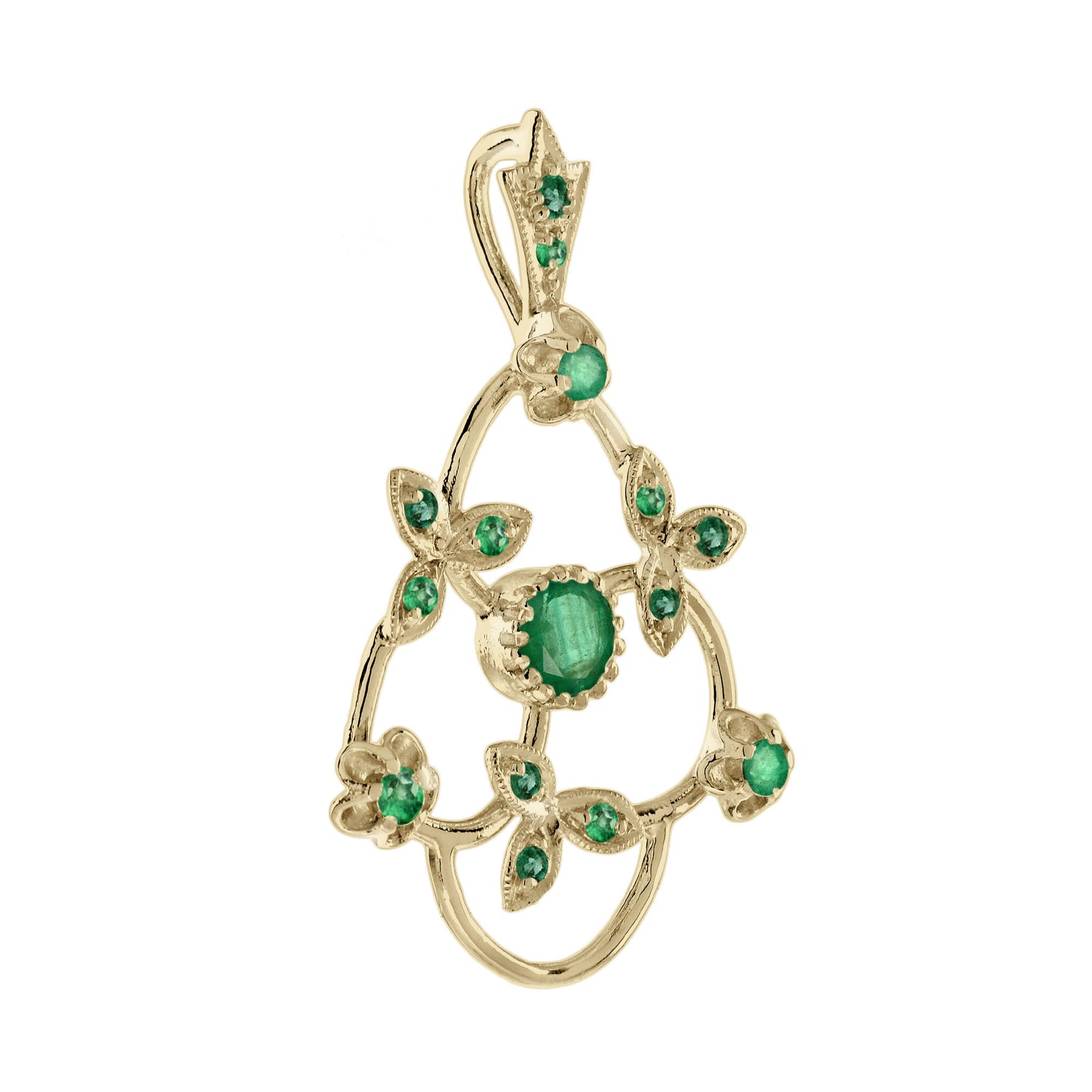 Green Emerald Vintage Style Floral &amp; Leaves Yellow Gold Pendant