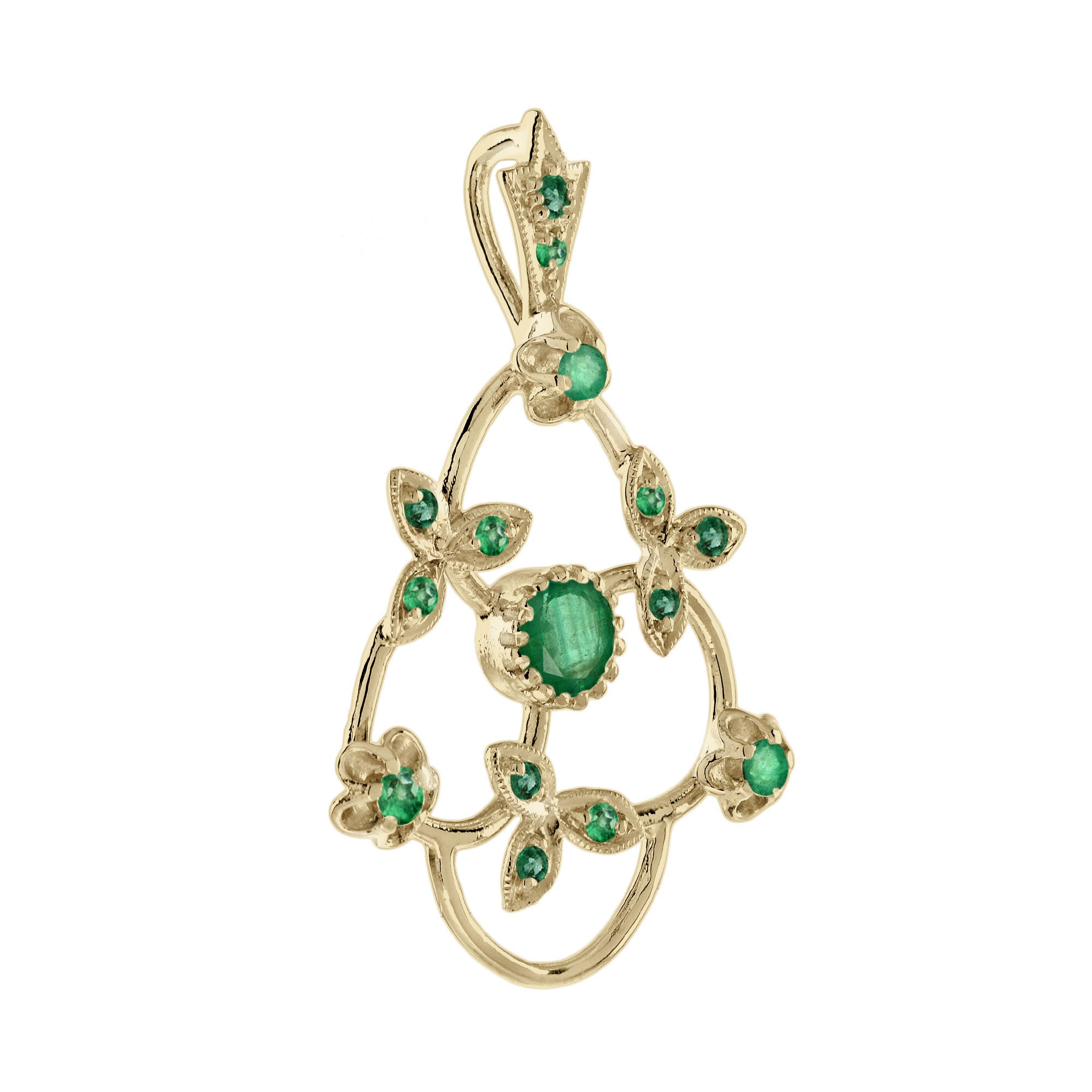 Green Emerald Vintage Style Floral &amp; Leaves Yellow Gold Pendant
