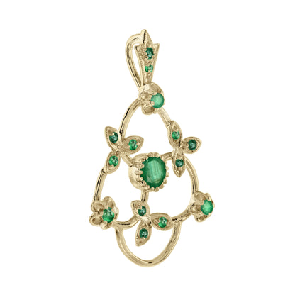 Green Emerald Vintage Style Floral &amp; Leaves Yellow Gold Pendant