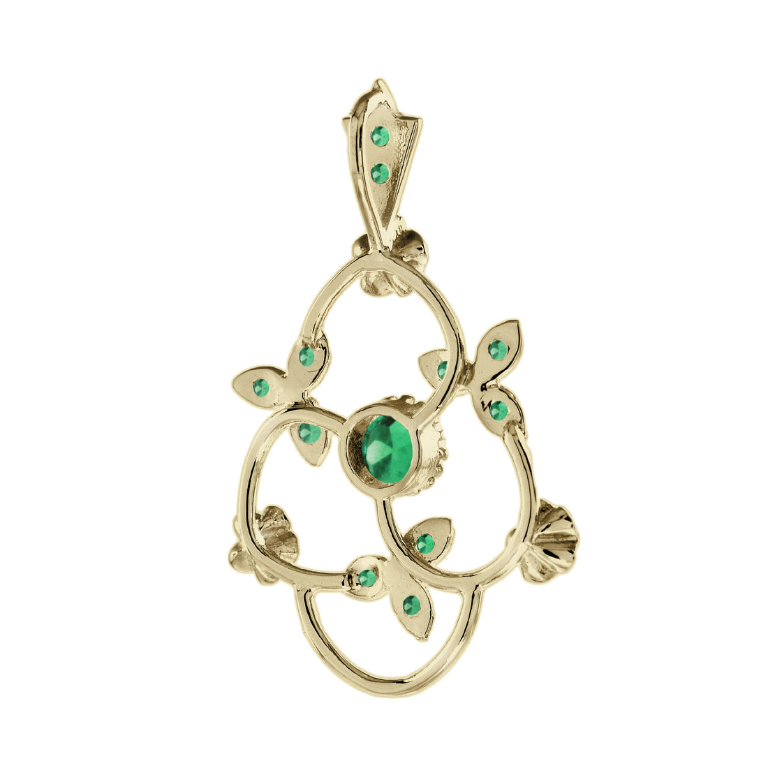 Green Emerald Vintage Style Floral &amp; Leaves Yellow Gold Pendant