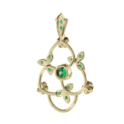 Green Emerald Vintage Style Floral &amp; Leaves Yellow Gold Pendant