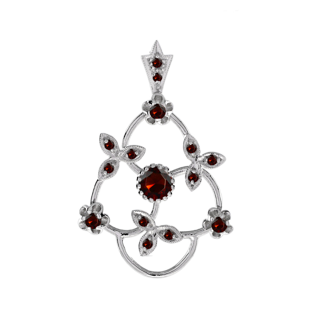 Red Garnet Vintage Style Floral Flower 14K White Gold Pendant