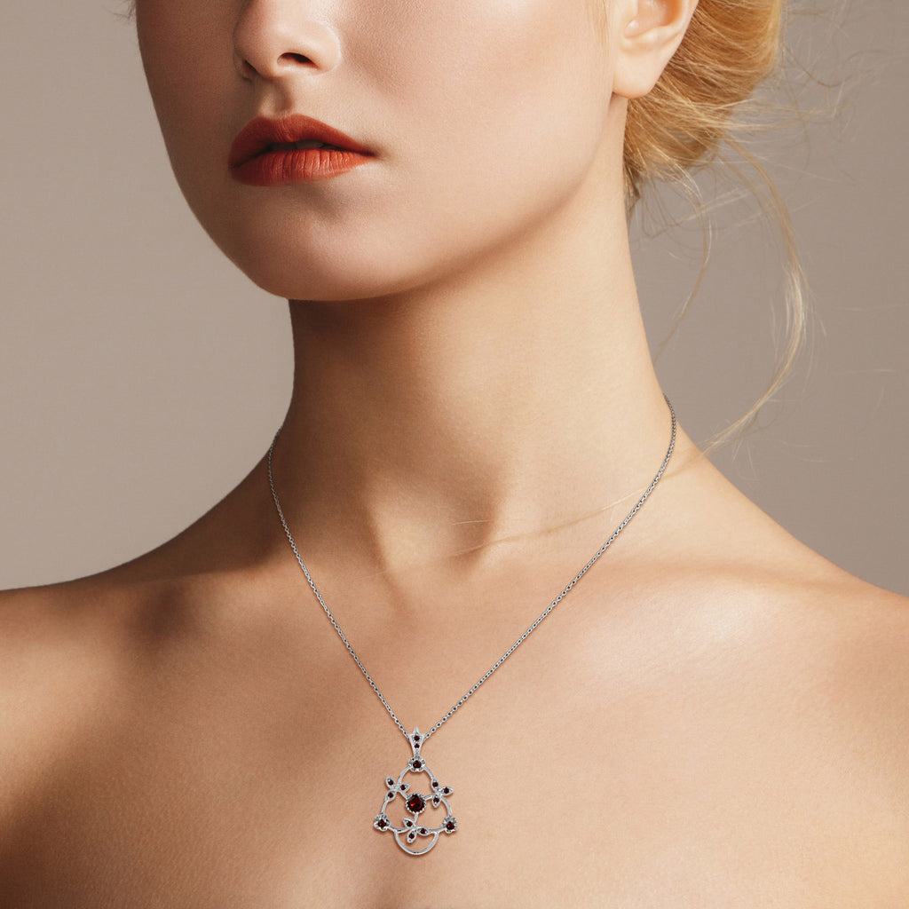 1.10 Ctw Vintage Style Red Garnet 14K White Gold Floral Pendant