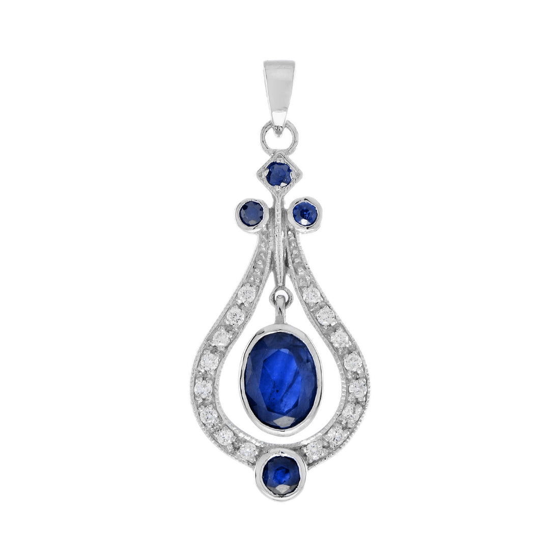 Oval Shape Blue Sapphire & White Diamond Art Deco Style 14K White Gold Pendant