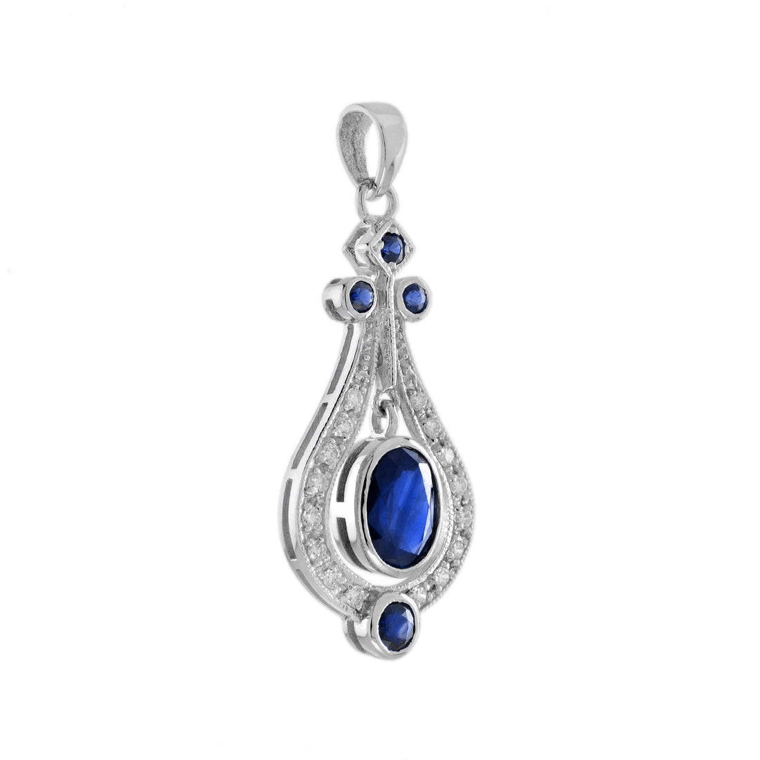 Oval Shape Blue Sapphire &amp; White Diamond Art Deco Style 14K White Gold Pendant