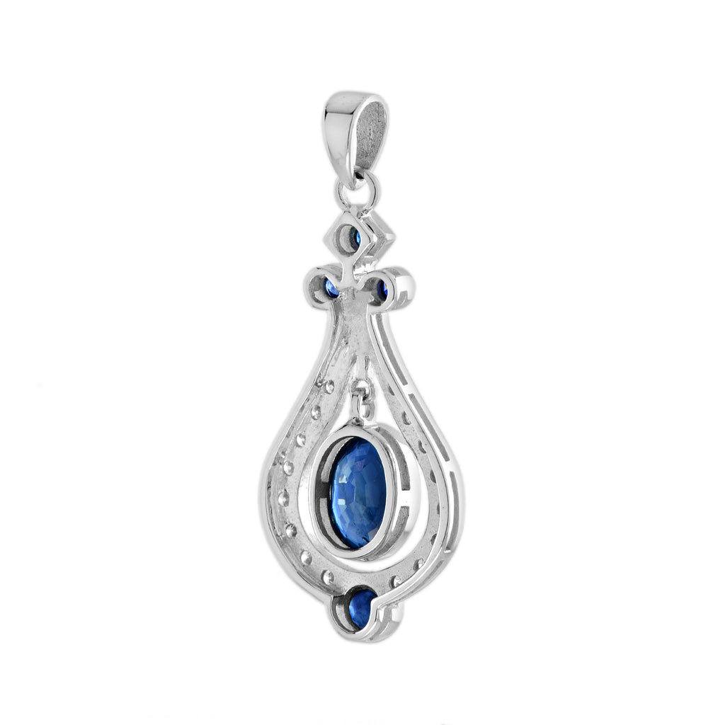 Oval Shape Blue Sapphire & White Diamond Art Deco Style 14K White Gold Pendant