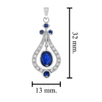 Oval Shape Blue Sapphire & White Diamond Art Deco Style 14K White Gold Pendant