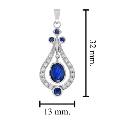 Oval Shape Blue Sapphire & White Diamond Art Deco Style 14K White Gold Pendant