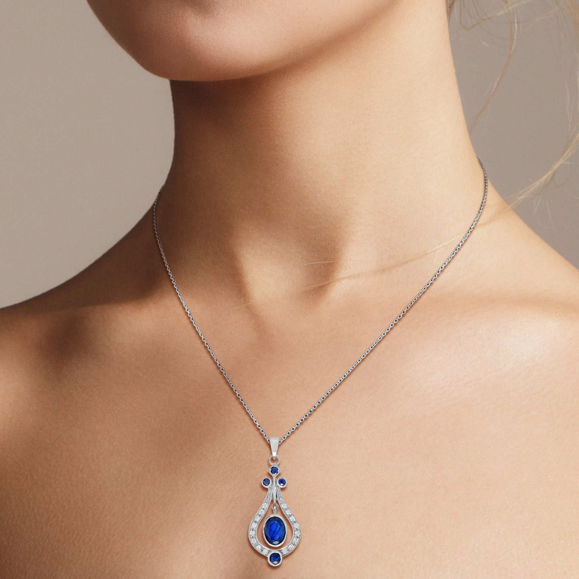 Oval Shape Blue Sapphire & White Diamond Art Deco Style 14K White Gold Pendant