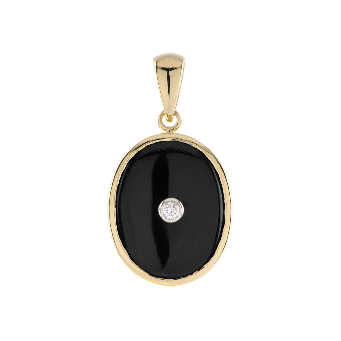 Diamond &amp; Black Onyx Art Deco Style Oval Shape 9K Gold Pendant