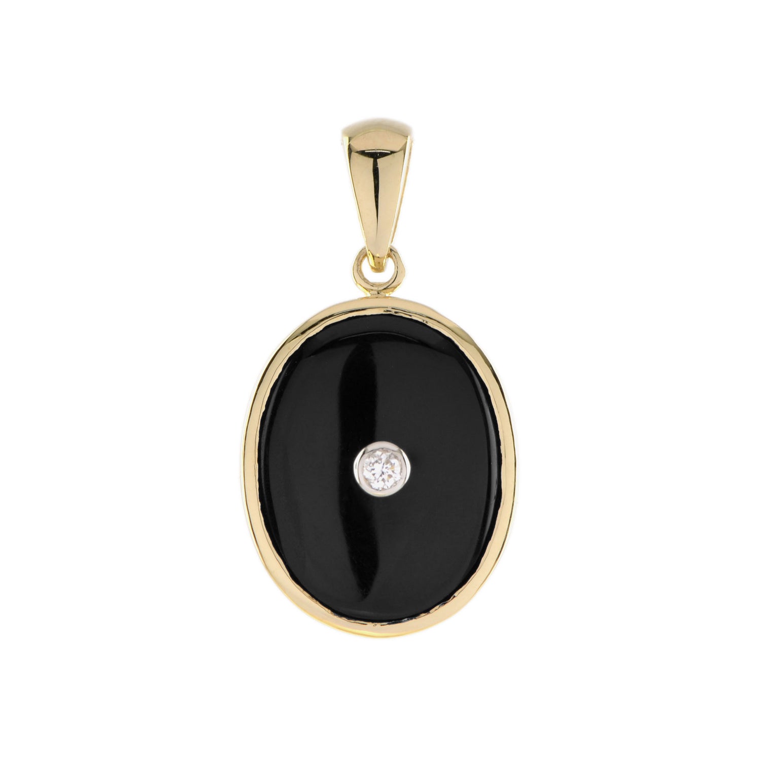 Diamond &amp; Black Onyx Art Deco Style Oval Shape 9K Gold Pendant
