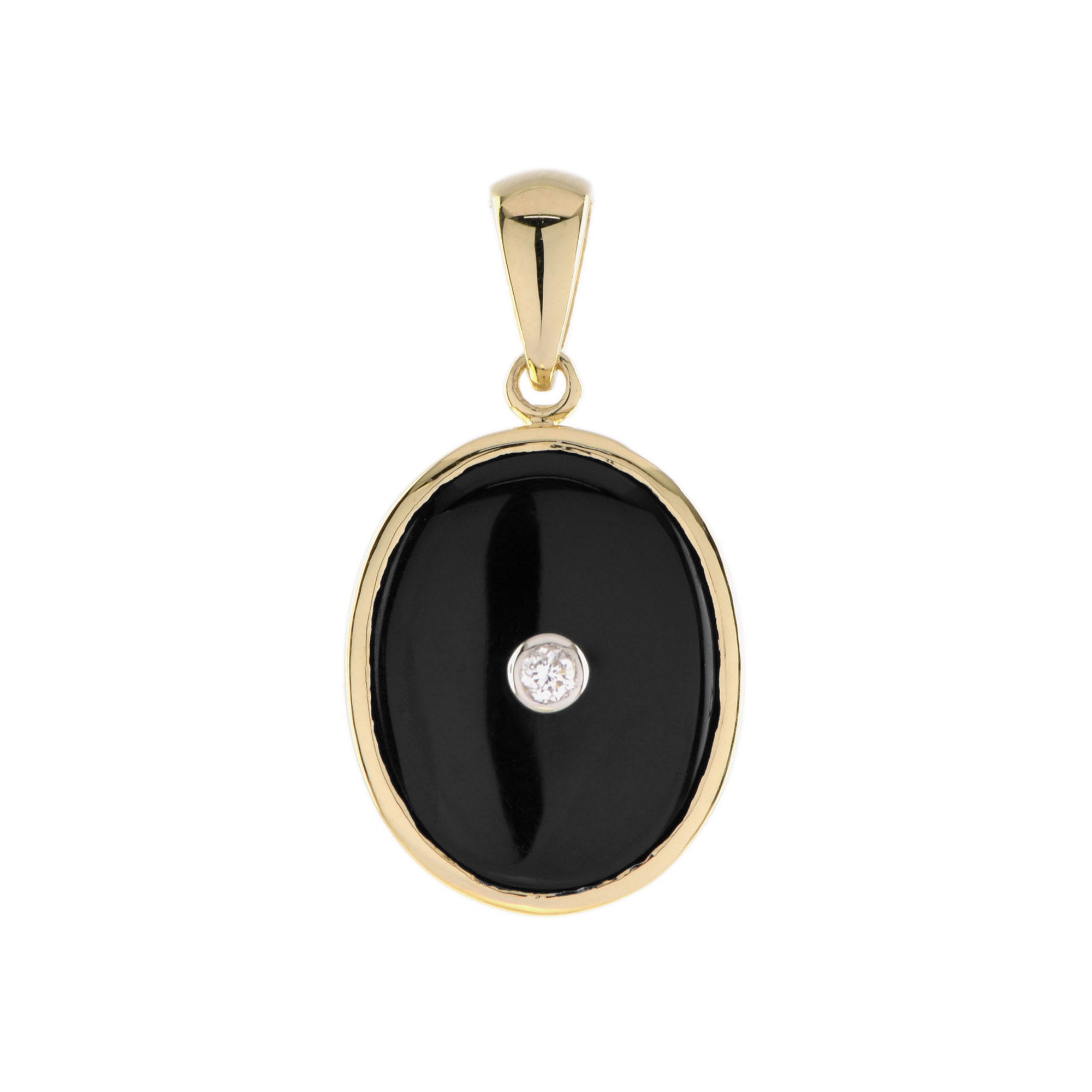 Diamond &amp; Black Onyx Art Deco Style Oval Shape 9K Gold Pendant