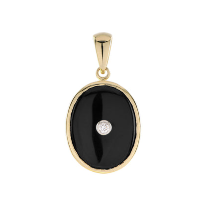 Diamond & Black Onyx Art Deco Style Oval Shape 9K Gold Pendant