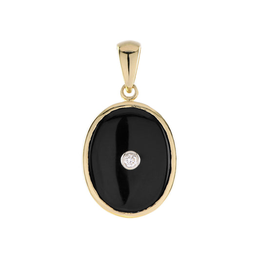 Diamond & Black Onyx Art Deco Style Oval Shape 9K Gold Pendant