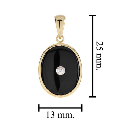 Diamond & Black Onyx Art Deco Style Oval Shape 9K Gold Pendant