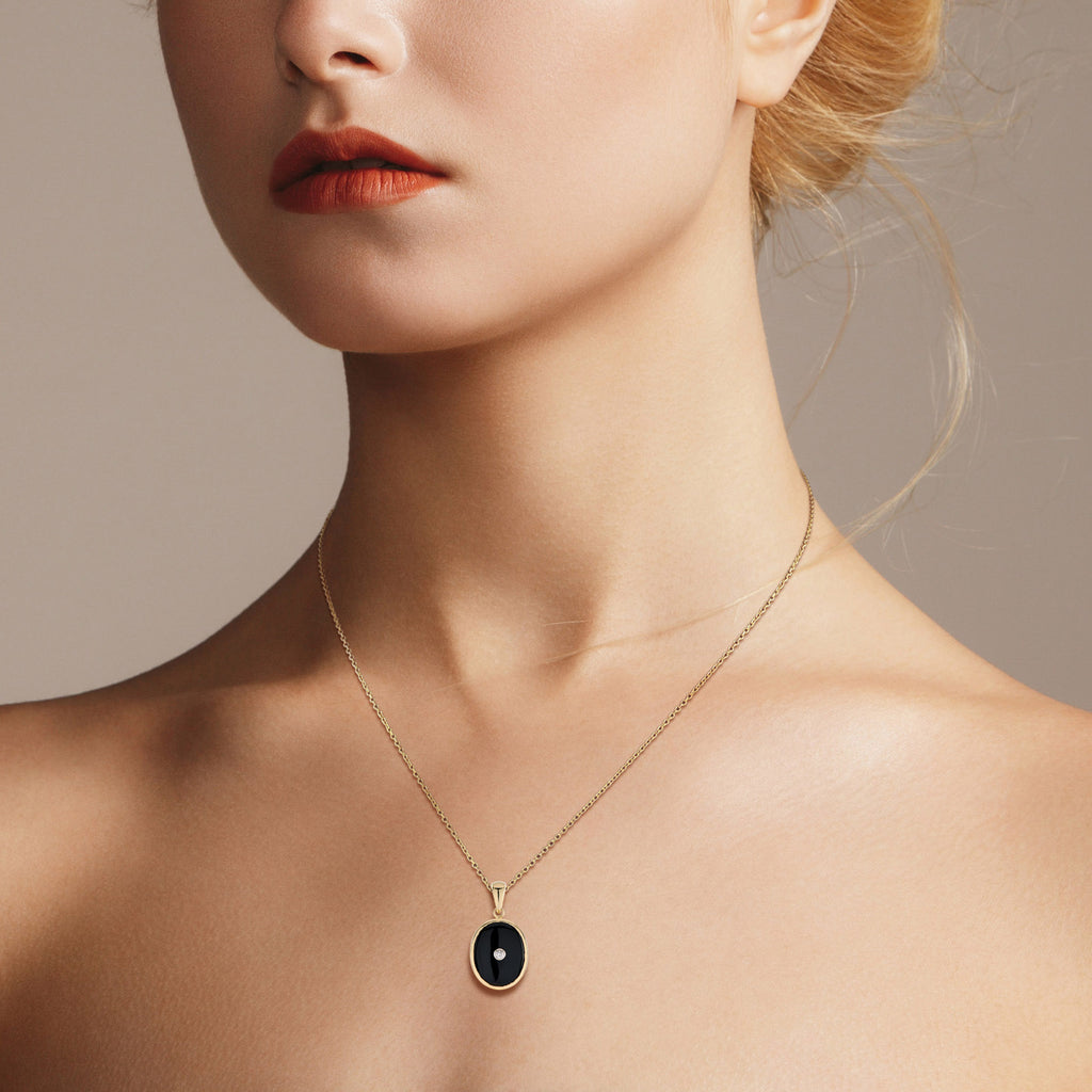 Diamond & Black Onyx Art Deco Style Oval Shape 9K Gold Pendant
