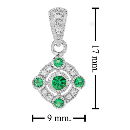 Five Stone Green Round Emerald &amp; Diamond Art Deco Style 14K White Gold Pendant