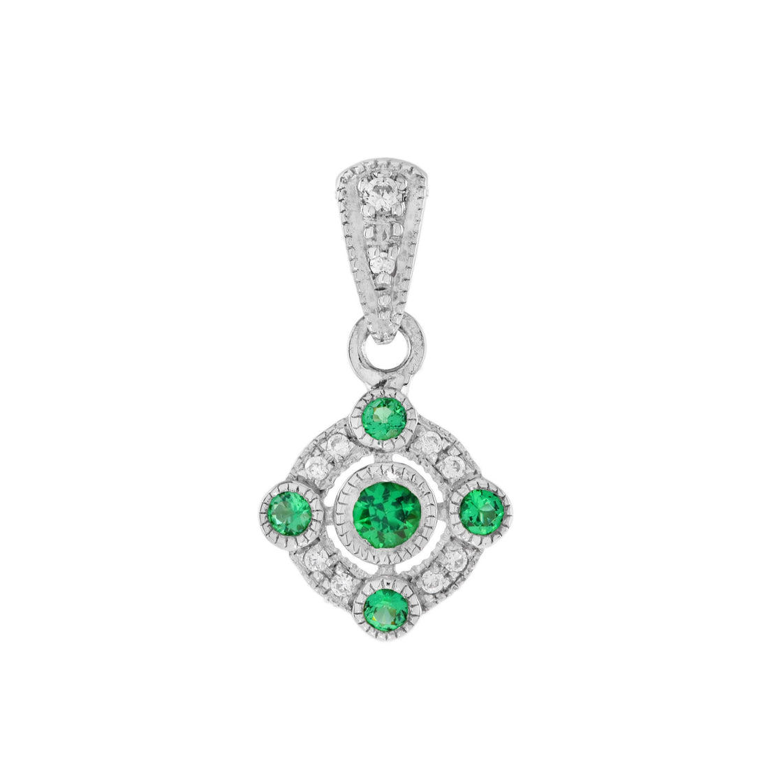 Five Stone Green Round Emerald & Diamond Art Deco Style 14K White Gold Pendant