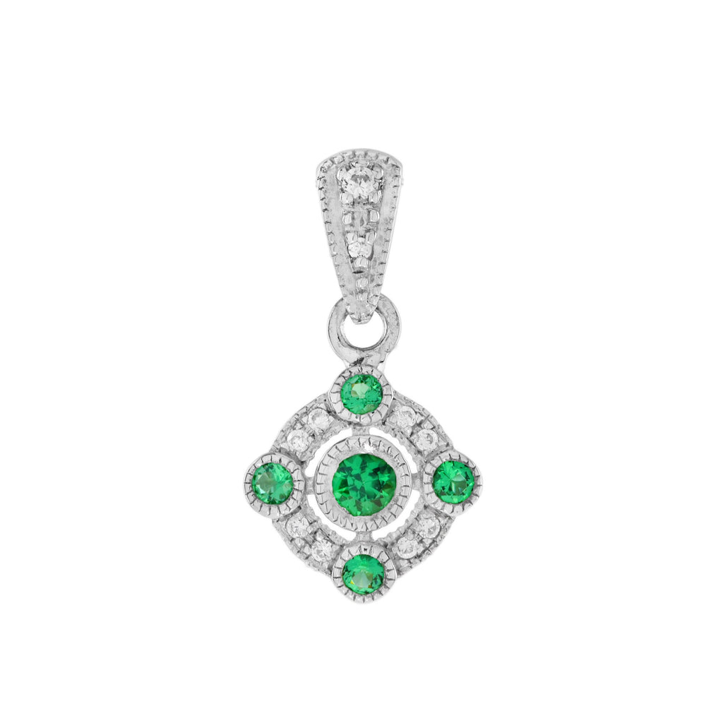 Five Stone Green Round Emerald & Diamond Art Deco Style 14K White Gold Pendant