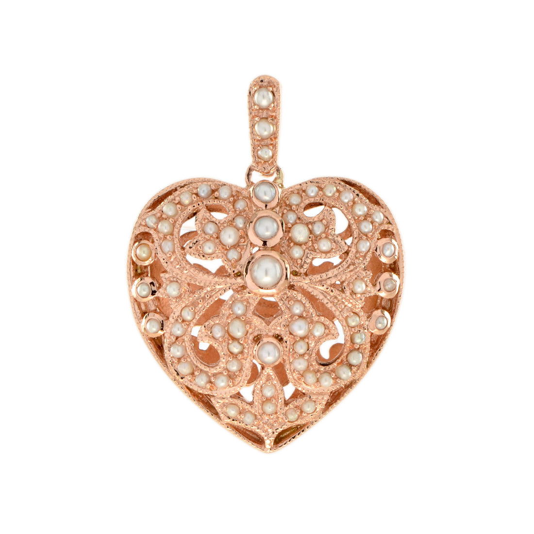 Natural White Fresh Water Pearl Vintage Style Filigree Heart Rose Gold Pendant