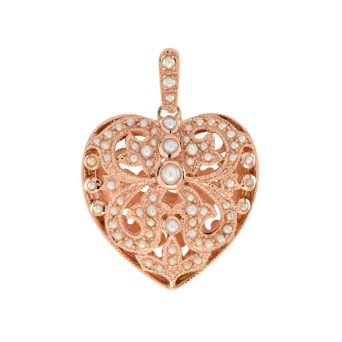 natural white fresh water pearl vintage style filigree heart rose gold pendant